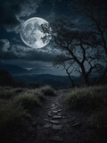Stone path winds through tall grass, leading viewer's eye towards distant mountain range bathed in soft glow of full moon. Moon dominates night sky, casting ethereal luminescence over landscape.