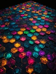 Poster - Large number of colorful hexagons arranged in honeycomb pattern, receding into distance. Hexagons made of translucent material, each one different color, including shades of red, orange, yellow.