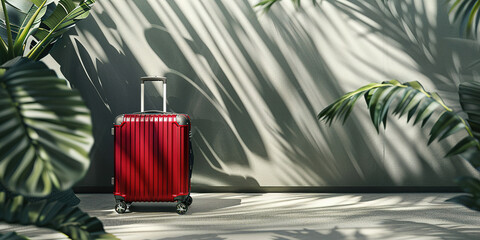 A minimalist and elegant red suitcase is placed on the ground, surrounded by lush green plants, with empty copy space, holiday advertising