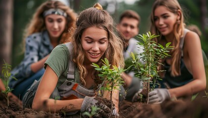 Sticker - Young people volunteers outdoors planting trees digging ground talking cheerful