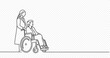 © artsterdam - Continuous one line drawing of senior woman in wheelchair with female nurse vector design. Single line art illustration on transparent background