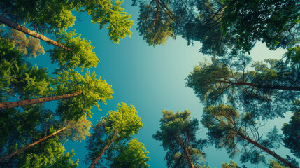  A serene view of tall trees in a forest, their vibrant green tops contrasting against a clear blue sky backdrop, creating a peaceful and harmonious natural scene.