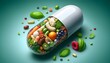 Medicine health concept. Nutritional supplement and vitamin supplements as a capsule with fruit vegetables and beans inside a nutrient pill.