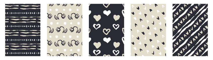 Canvas Print - Set of Monochrome dark blue and beige sketchy shapes and flowers cards. Vintage folk abstract stripes posters bundle