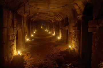 Canvas Print - Eerie echoes and chains drag through torch-lit underground catacombs - creating a bone-chilling horror atmosphere