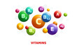 Multi Vitamin complex icons, circle banner poster. Vector illustration. Place for text. Multivitamin supplement, b1, d, e, mg, c, zinc, magnesium. Diet infographics flyer. Colorful pills