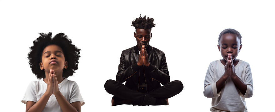 Diversity teen and children of color praying. African Praying hands collection. Set of praying people. Isolated transparent PNG background. Various angles, perspectives and poses. Religion concept. 