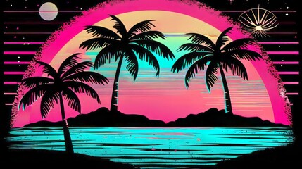 Wall Mural - A chill vibe theme banner with soft neon pink, teal, yellow and black gradient colors, 80s retro, no trees