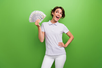 Poster - Photo of impressed funky lady wear grey t-shirt rising cash fan looking empty space isolated green color background