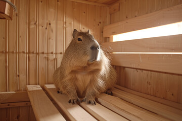 Wall Mural - Capybara experiencing relaxation in a sauna