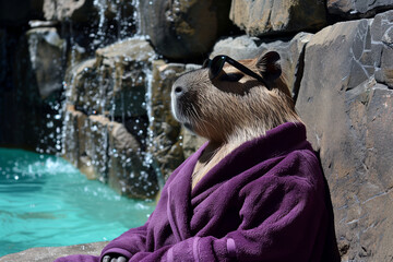 Wall Mural - Capybara sunbathing by the pool in a purple bathrobe and sunglasses