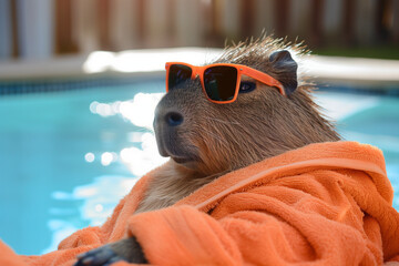 Capybara sunbathing by the pool in an orange bathrobe and sunglasses