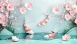 A tranquil Japanese tea garden, with paper koi swimming in a pond surrounded by cherry blossoms from pastel papers, paper art style concept