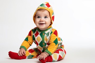 wide photo of a happy baby wearing a colorful patterned onesie with a hood, sitting and smiling agai