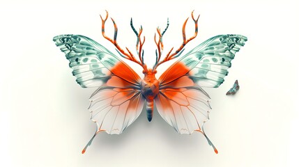 Wall Mural - mint and orange mutant half butterfly half deer on white background, isolated, banner style