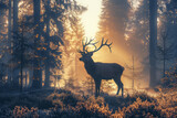 Fototapeta Na ścianę - Majestic stag in misty forest at sunrise, serene wildlife scene