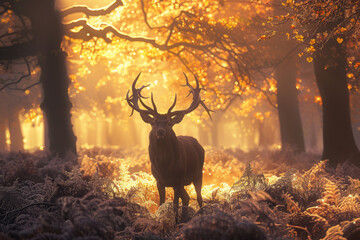 Wall Mural - Majestic stag in frosty forest with golden sunrise light