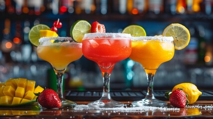 Wall Mural - group of cocktails on a restaurant background: classic, strawberry and mango margarita. White, red, orange alcoholic cocktail with decoration of salt on the edge of the glass with lime, lemon