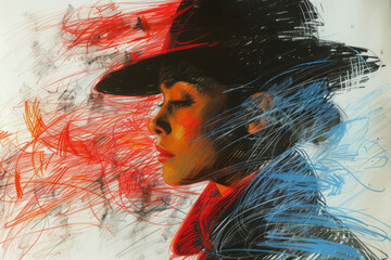 Wall Mural - Artistic portrayal of a woman in a hat with swirls of color