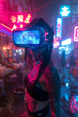 A beautiful girl in virtual reality glasses on the street in a neon light in a cyberpunk style city