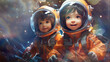 Portrait of two young kids - astronauts in orange spacesuits, embracing and smiling brightly.
