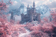 A fairytale castle made of pink marble, surrounded by enchanted gardens blooming with exotic flowers.