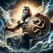 Zeus the supreme Olympian god of ancient Greek mythology on his throne. bearer of the Aegis, the divine shield with coiled snakes. Most powerful god. Jupiter in Roman mythology. Generative AI
