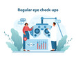Regular Eye Check-Ups Illustration. A patient engages with eye examination equipment as a doctor assists.