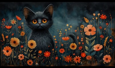 Wall Mural - Illustration of a cat in flowers on a dark background.