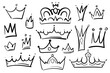 Different doodle crowns. Hand drawn vector set. All elements are isolated. King or queen luxurious prince, princess head accessories, diadems. Royal tiara illustration collection