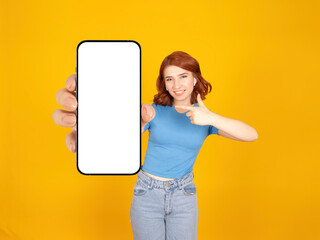 close up phone mock up, young fun charming caucasian red bob hair woman hold use point finger on clo