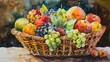 Craft a traditional art piece portraying a worms-eye view of a sumptuous fruit gift basket, using watercolors to infuse every fruit with a lifelike essence Let the hues blend seamlessly, evoking a sen
