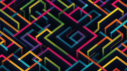 Black background with colorful lines in the shape of isometric squares, arranged horizontally and vertically to form a maze pattern. 