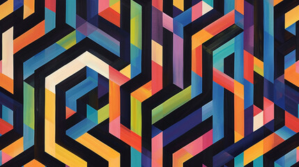 Black background with colorful lines in the shape of isometric squares, arranged horizontally and vertically to form a maze pattern. 