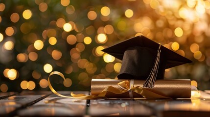 Wall Mural - Black graduation cap and diploma on a wooden table with a blurred golden light background, space for text.