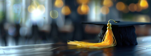 Wall Mural - Black graduation cap with yellow tassel on blurred background, copy space for text.