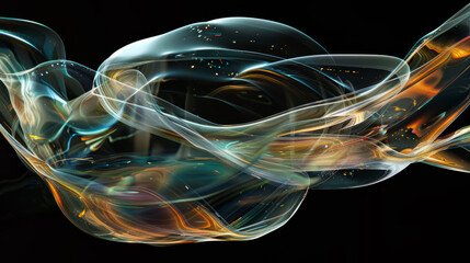 Abstract flowing ribbons in a dynamic swirl of colors on a dark background. Futuristic and fluid art concept.