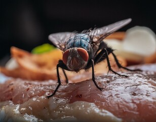 close-up of fly on meat: food contamination concep