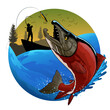 Fisherman Catching Sockeye Salmon Colored Illustration