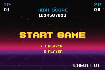 Poster - start game play .pixel art .8 bit game. retro game. for game assets in vector illustrations.