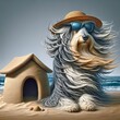 A Bearded Collie dog with a humorous expression is wearing a straw hat and sunglasses sitting next to a sandcastle doghouse on a beach