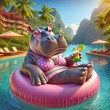 A happy hippopotamus lounges on a pink inner tube in a resort swimming pool leisurely sipping a tropical drink