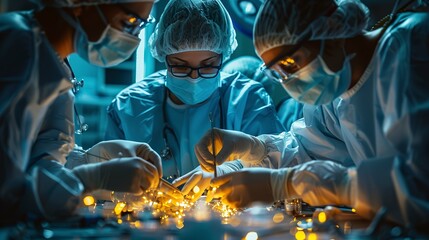 Poster - Surgical team in synchrony, hands passing instrument, close up, teamwork in action, sterile glow 
