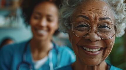 Canvas Print - Nurse assisting senior with exercises, encouragement in motion, close up, path to mobility, soft focus 