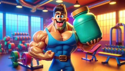 Cheerful Cartoon Bodybuilder with Protein Supplement in Gym