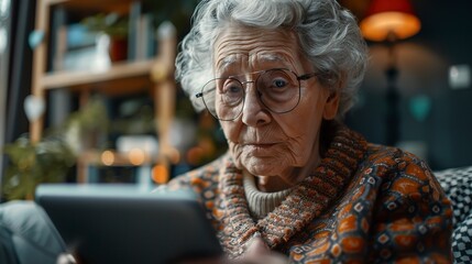 Wall Mural - Senior using tablet for video call, connecting generations, close up, digital embrace, clear resolution 