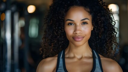Naklejka na meble Black woman with curly hair exercising at the gym. Concept Fitness, Black woman, Curly hair, Exercise, Gym