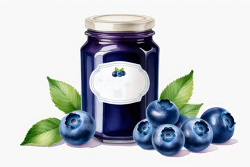 Wall Mural - Glass jar of blueberry jam or marmalade and fresh berries blueberry on white background.