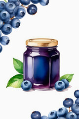 Wall Mural - Glass jar of blueberry jam or marmalade and fresh berries blueberry on white background.