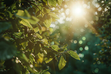 Wall Mural - Sunlight filters through lush green leaves in a serene forest during golden hour